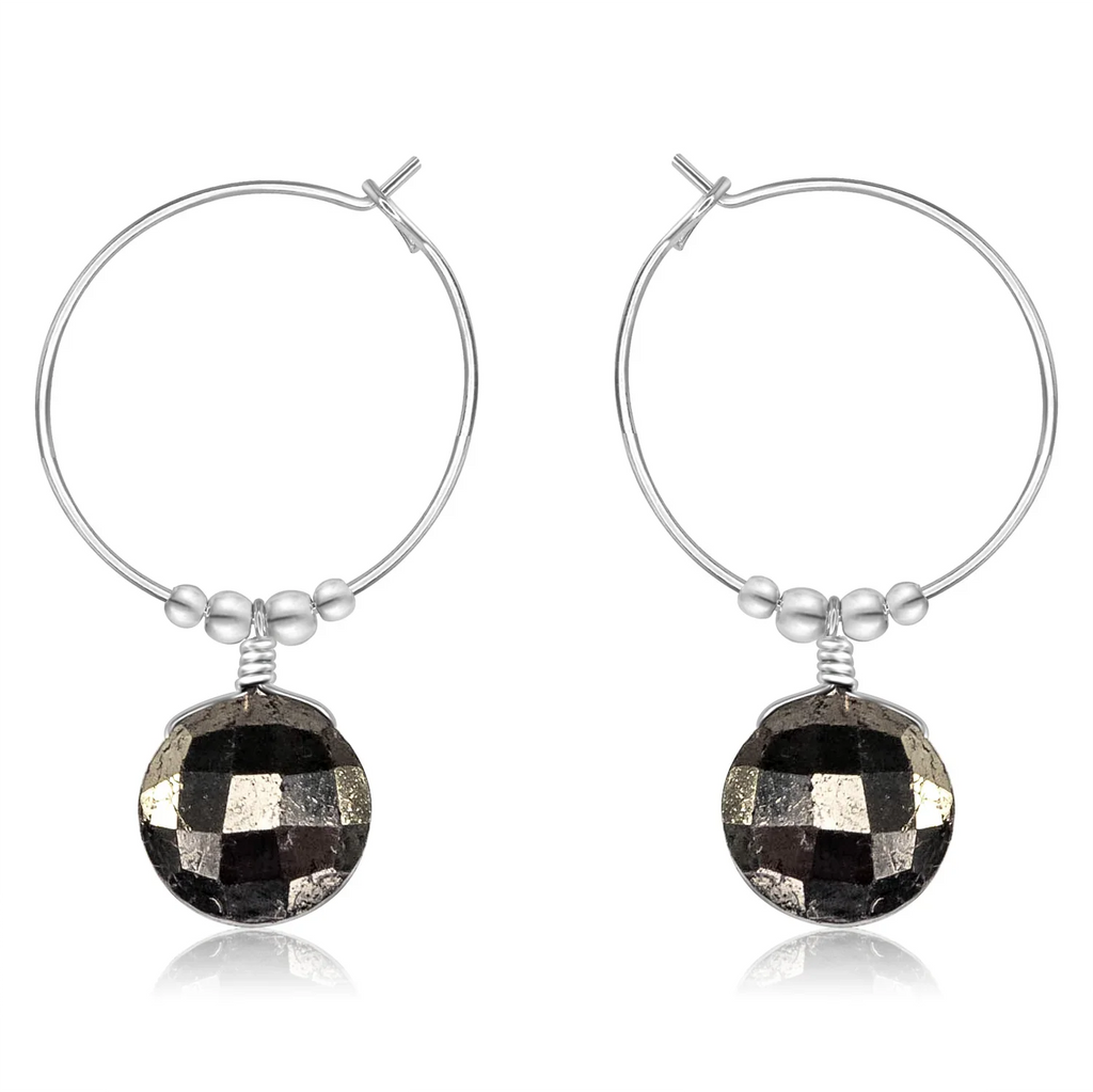 Faceted Pyrite Crystal Circle Dangle Hoop Earrings