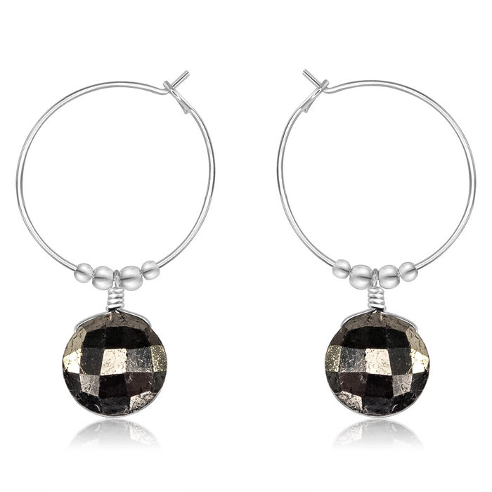 Faceted Pyrite Crystal Circle Dangle Hoop Earrings