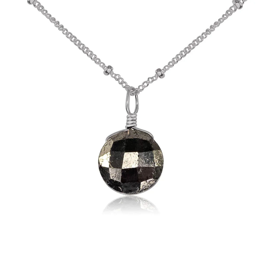 Faceted Pyrite Crystal Circle Pendant Necklace - Faceted Pyrite Crystal Circle Pendant Necklace - Stainless Steel / Satellite - Luna Tide Handmade Crystal Jewellery