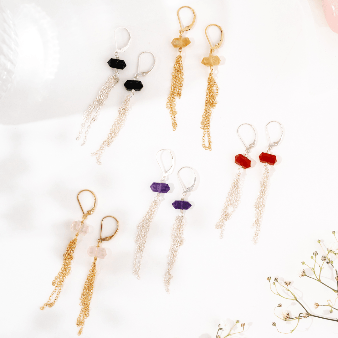 Custom Double Terminated Crystal Point Tassel Earrings - Custom Double Terminated Crystal Point Tassel Earrings - Sterling Silver / Amethyst for February - Luna Tide Handmade Crystal Jewellery