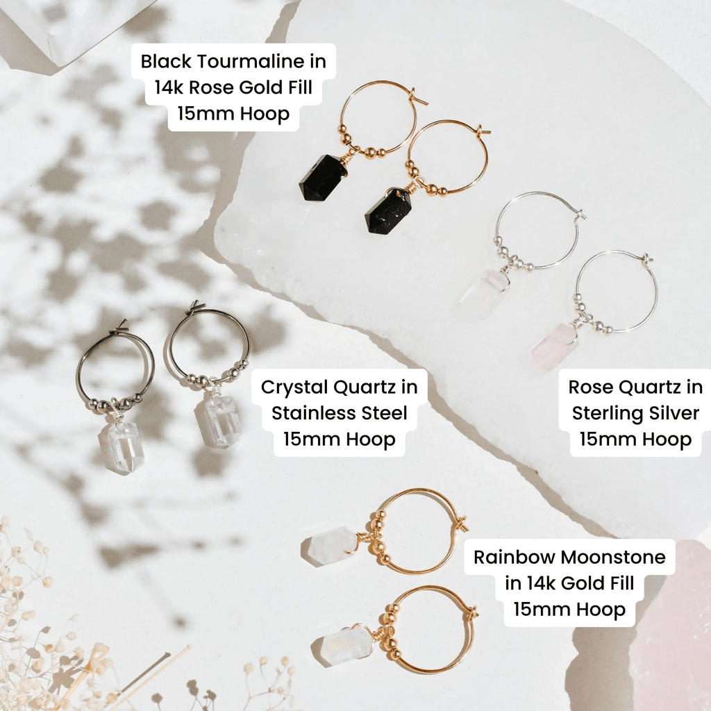 Custom Double Terminated Mini Crystal Point Dangle Hoop Earrings