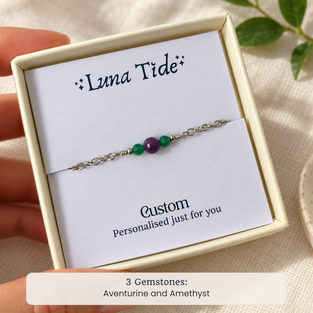 Custom dainty gemstone bracelet with 3 Gemstones: Aventurine and Amethyst