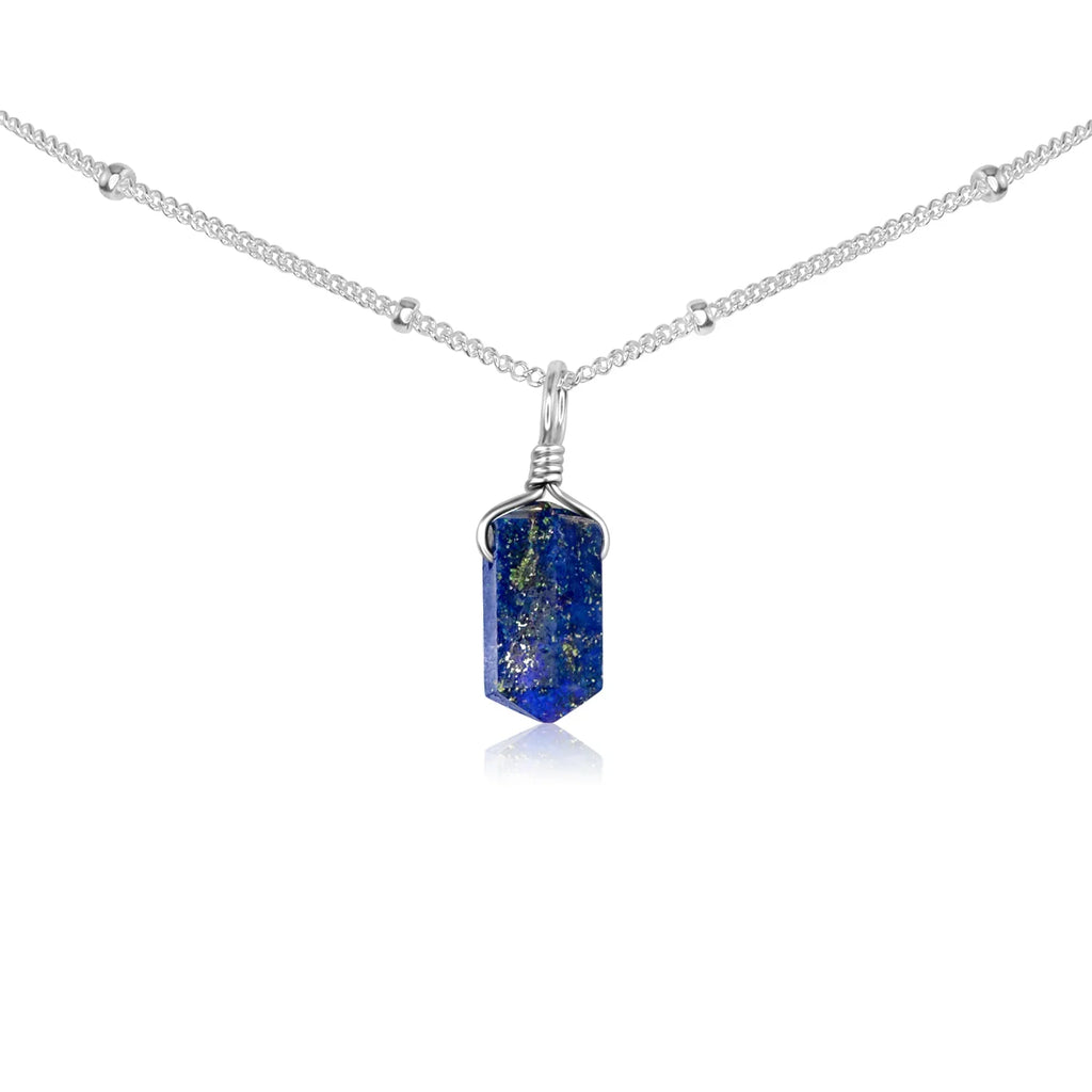 Lapis Lazuli Mini Double Terminated Crystal Point Pendant Choker Necklace - Lapis Lazuli Mini Double Terminated Crystal Point Pendant Choker Necklace - Sterling Silver / Satellite - Luna Tide Handmade Crystal Jewellery