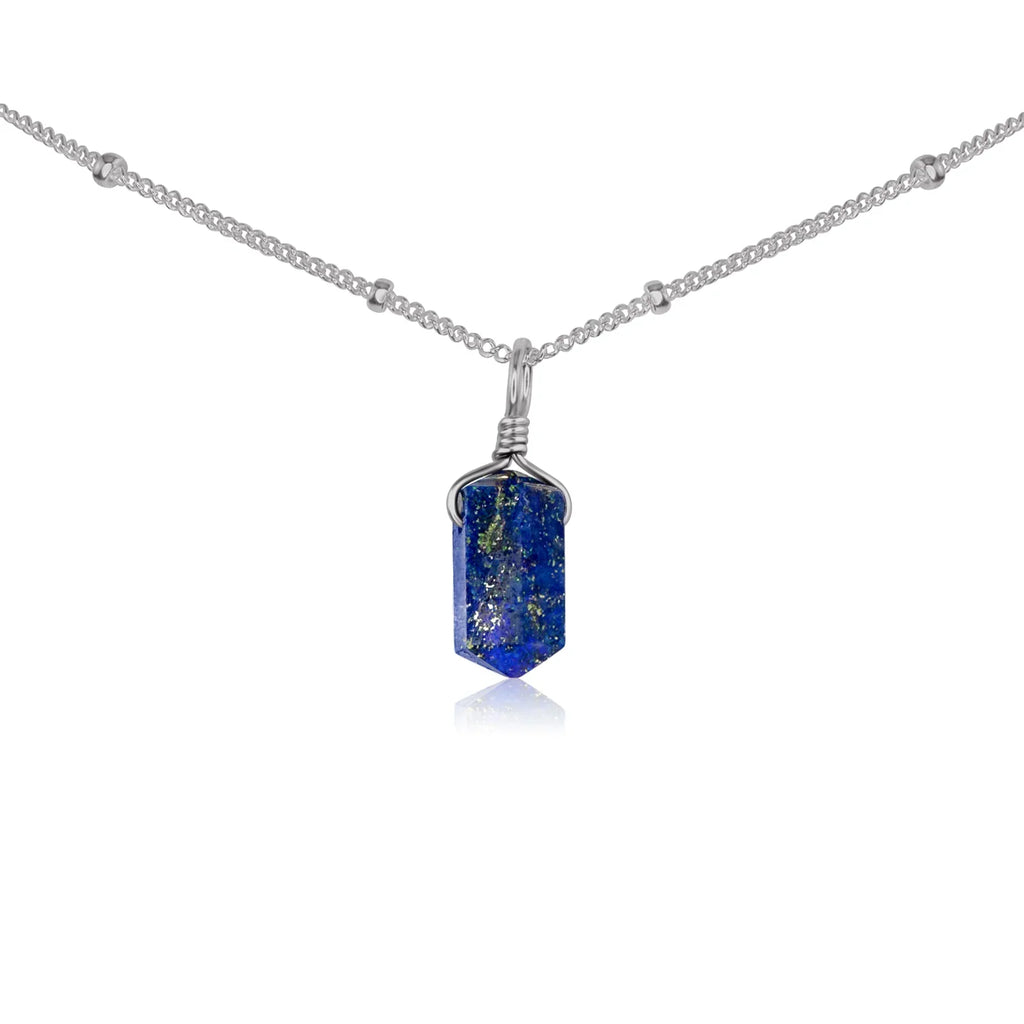 Lapis Lazuli Mini Double Terminated Crystal Point Pendant Choker Necklace - Lapis Lazuli Mini Double Terminated Crystal Point Pendant Choker Necklace - Stainless Steel / Satellite - Luna Tide Handmade Crystal Jewellery
