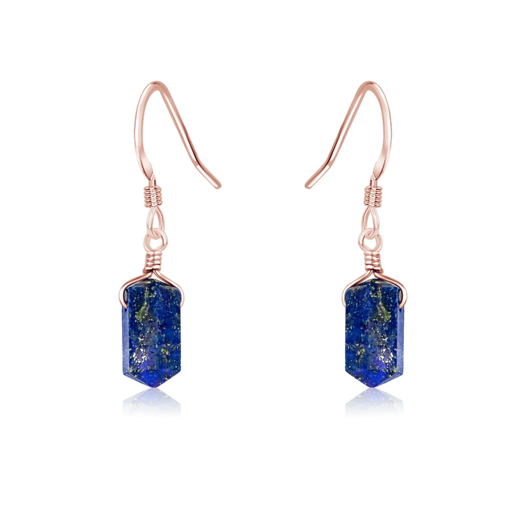 Lapis Lazuli Mini Double Terminated Crystal Point Dangle Drop Earrings - Lapis Lazuli Mini Double Terminated Crystal Point Dangle Drop Earrings - 14k Rose Gold Fill - Luna Tide Handmade Crystal Jewellery