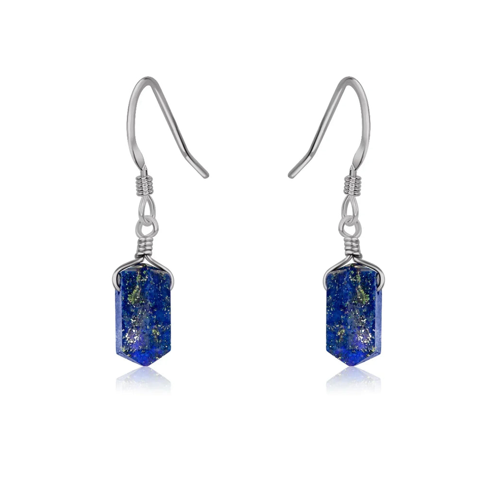 Lapis Lazuli Mini Double Terminated Crystal Point Dangle Drop Earrings - Lapis Lazuli Mini Double Terminated Crystal Point Dangle Drop Earrings - Stainless Steel - Luna Tide Handmade Crystal Jewellery