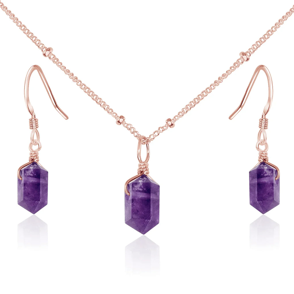 Amethyst Double Terminated Crystal Jewellery Set - Amethyst Double Terminated Crystal Jewellery Set - 14k Rose Gold Fill / Necklace & Earrings / Satellite - Luna Tide Handmade Crystal Jewellery