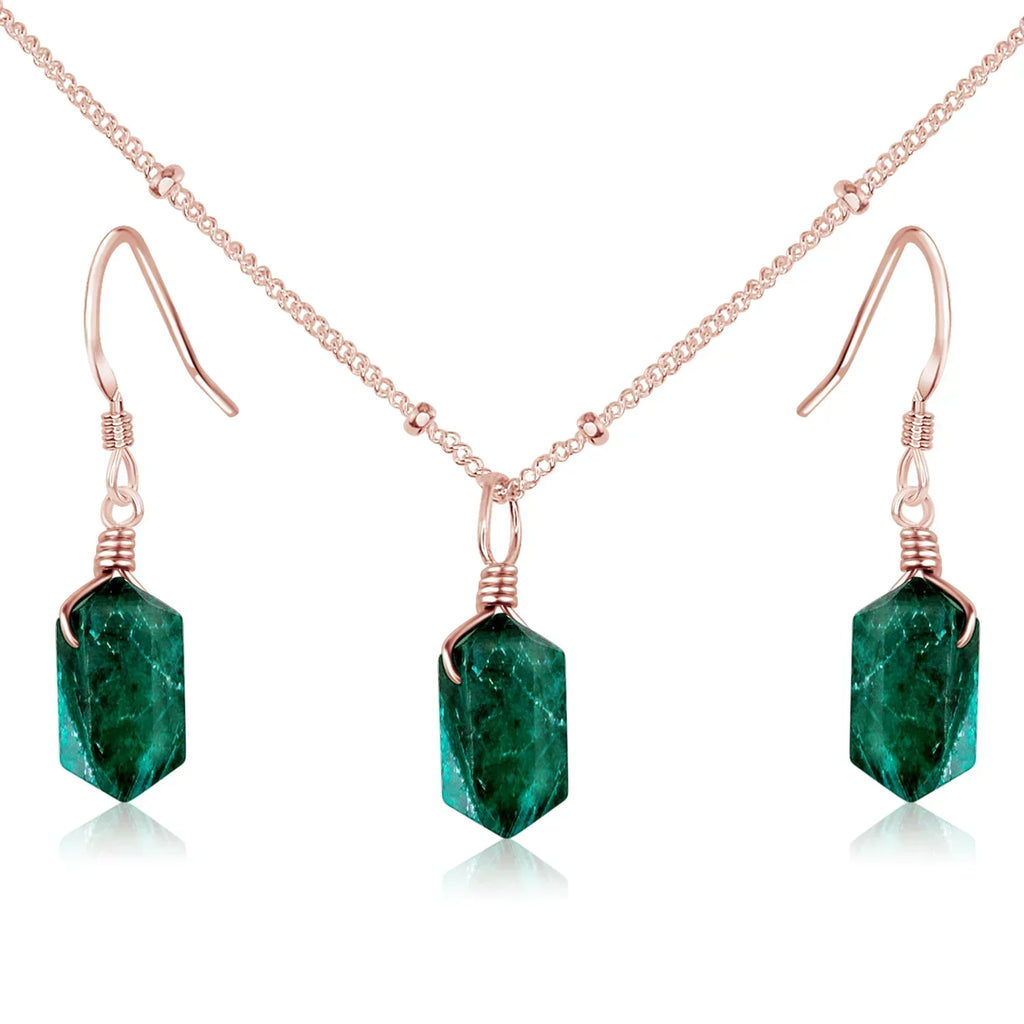 Emerald Double Terminated Crystal Jewellery Set - Emerald Double Terminated Crystal Jewellery Set - 14k Rose Gold Fill / Necklace & Earrings / Satellite - Luna Tide Handmade Crystal Jewellery