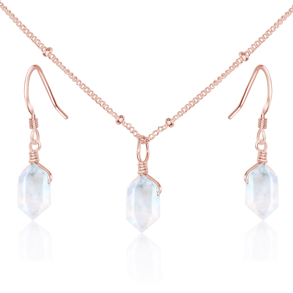 Rainbow Moonstone Double Terminated Crystal Jewellery Set - Rainbow Moonstone Double Terminated Crystal Jewellery Set - 14k Rose Gold Fill / Necklace & Earrings / Satellite - Luna Tide Handmade Crystal Jewellery