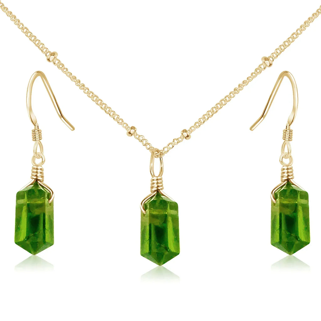 Peridot Double Terminated Crystal Jewellery Set - Peridot Double Terminated Crystal Jewellery Set - 14k Gold Fill / Necklace & Earrings / Satellite - Luna Tide Handmade Crystal Jewellery