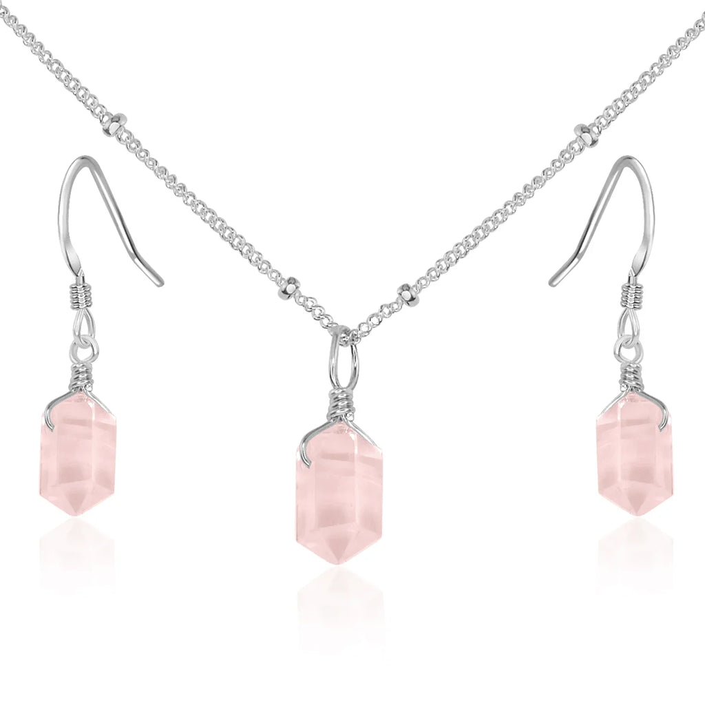 Rose Quartz Double Terminated Crystal Jewellery Set - Rose Quartz Double Terminated Crystal Jewellery Set - Sterling Silver / Necklace & Earrings / Satellite - Luna Tide Handmade Crystal Jewellery