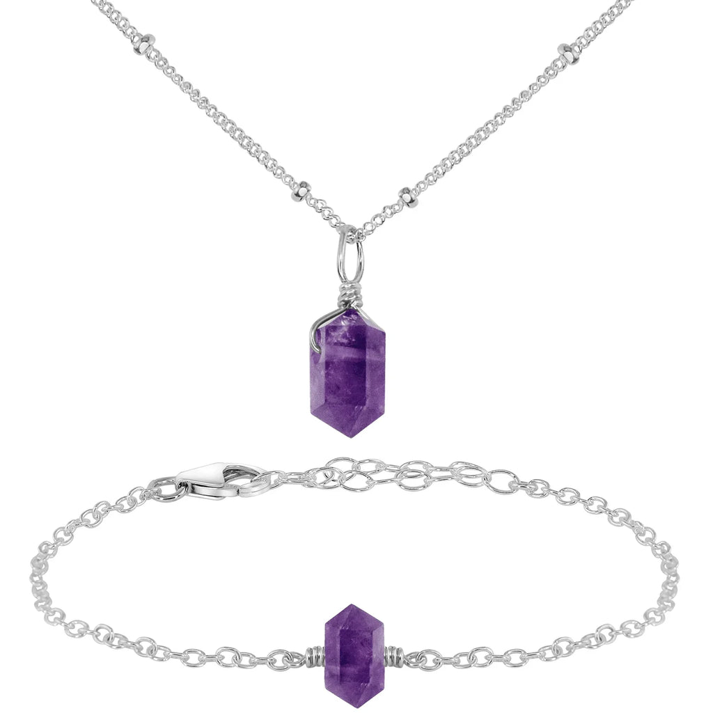 Amethyst Double Terminated Crystal Jewellery Set - Amethyst Double Terminated Crystal Jewellery Set - Sterling Silver / Necklace & Bracelet / Satellite - Luna Tide Handmade Crystal Jewellery