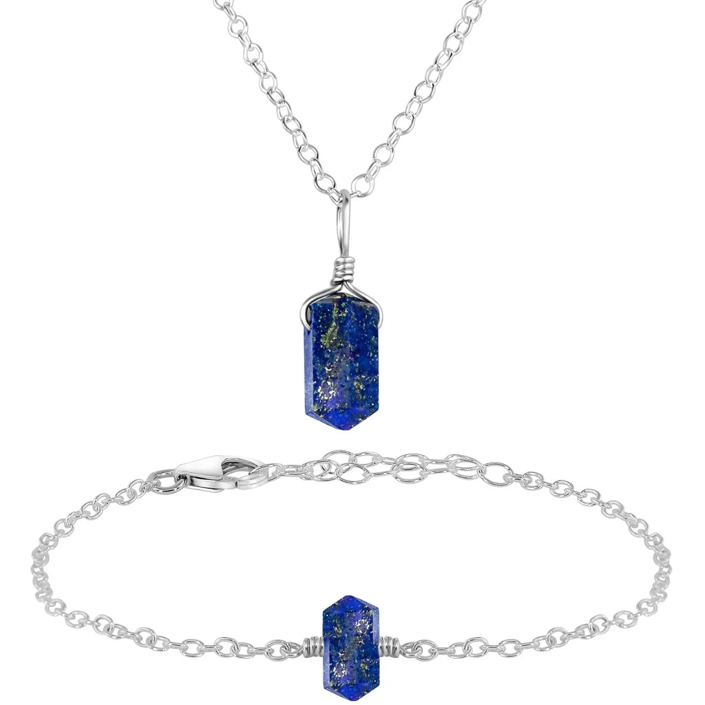 Lapis Lazuli Double Terminated Crystal Jewellery Set - Lapis Lazuli Double Terminated Crystal Jewellery Set - Sterling Silver / Necklace & Bracelet / Cable - Luna Tide Handmade Crystal Jewellery