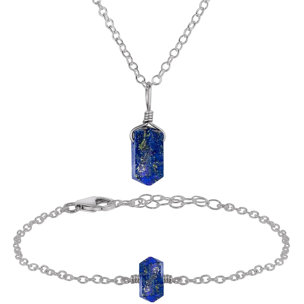Lapis Lazuli Double Terminated Crystal Jewellery Set - Lapis Lazuli Double Terminated Crystal Jewellery Set - Stainless Steel / Necklace & Bracelet / Cable - Luna Tide Handmade Crystal Jewellery