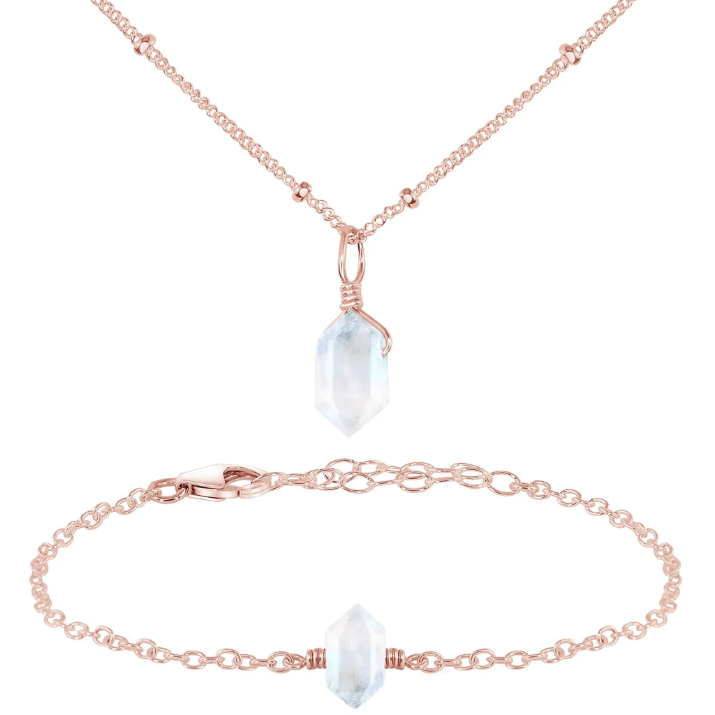 Rainbow Moonstone Double Terminated Crystal Jewellery Set - Rainbow Moonstone Double Terminated Crystal Jewellery Set - 14k Rose Gold Fill / Necklace & Bracelet / Satellite - Luna Tide Handmade Crystal Jewellery