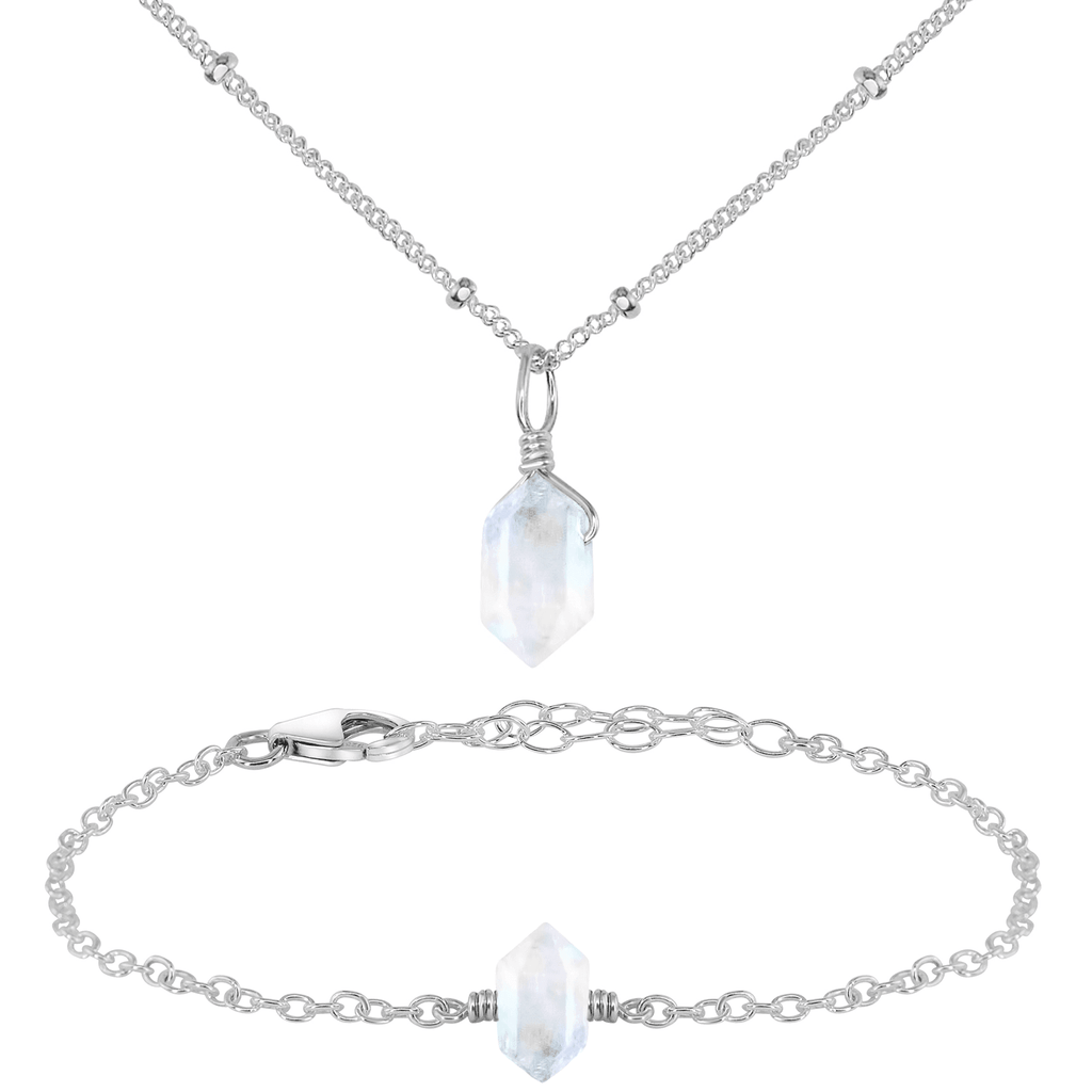 Rainbow Moonstone Double Terminated Crystal Jewellery Set - Rainbow Moonstone Double Terminated Crystal Jewellery Set - Sterling Silver / Necklace & Bracelet / Satellite - Luna Tide Handmade Crystal Jewellery