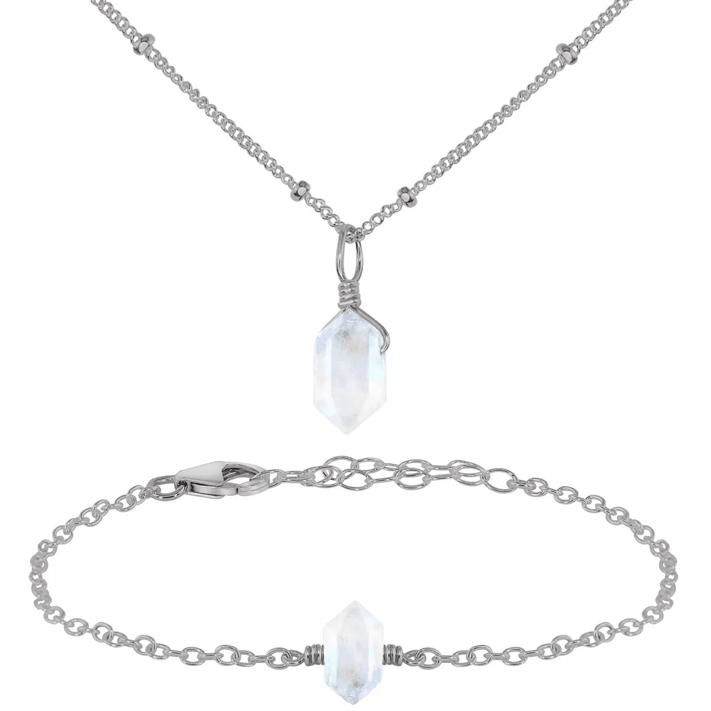 Rainbow Moonstone Double Terminated Crystal Jewellery Set - Rainbow Moonstone Double Terminated Crystal Jewellery Set - Stainless Steel / Necklace & Bracelet / Satellite - Luna Tide Handmade Crystal Jewellery