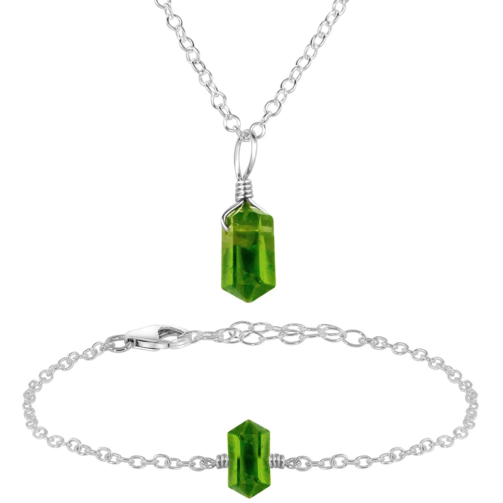 Peridot Double Terminated Crystal Jewellery Set - Peridot Double Terminated Crystal Jewellery Set - Sterling Silver / Necklace & Bracelet / Cable - Luna Tide Handmade Crystal Jewellery