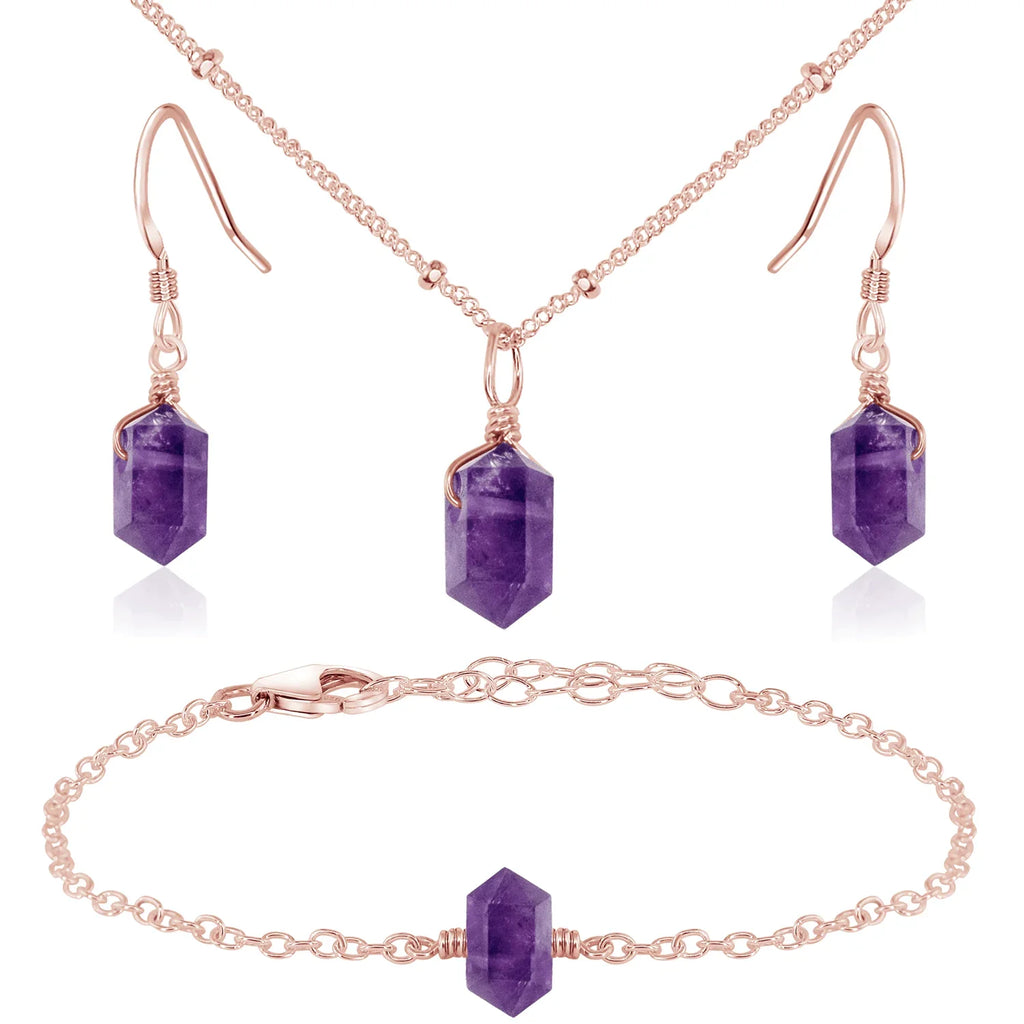 Amethyst Double Terminated Crystal Jewellery Set - Amethyst Double Terminated Crystal Jewellery Set - 14k Rose Gold Fill / Necklace & Earrings & Bracelet / Satellite - Luna Tide Handmade Crystal Jewellery