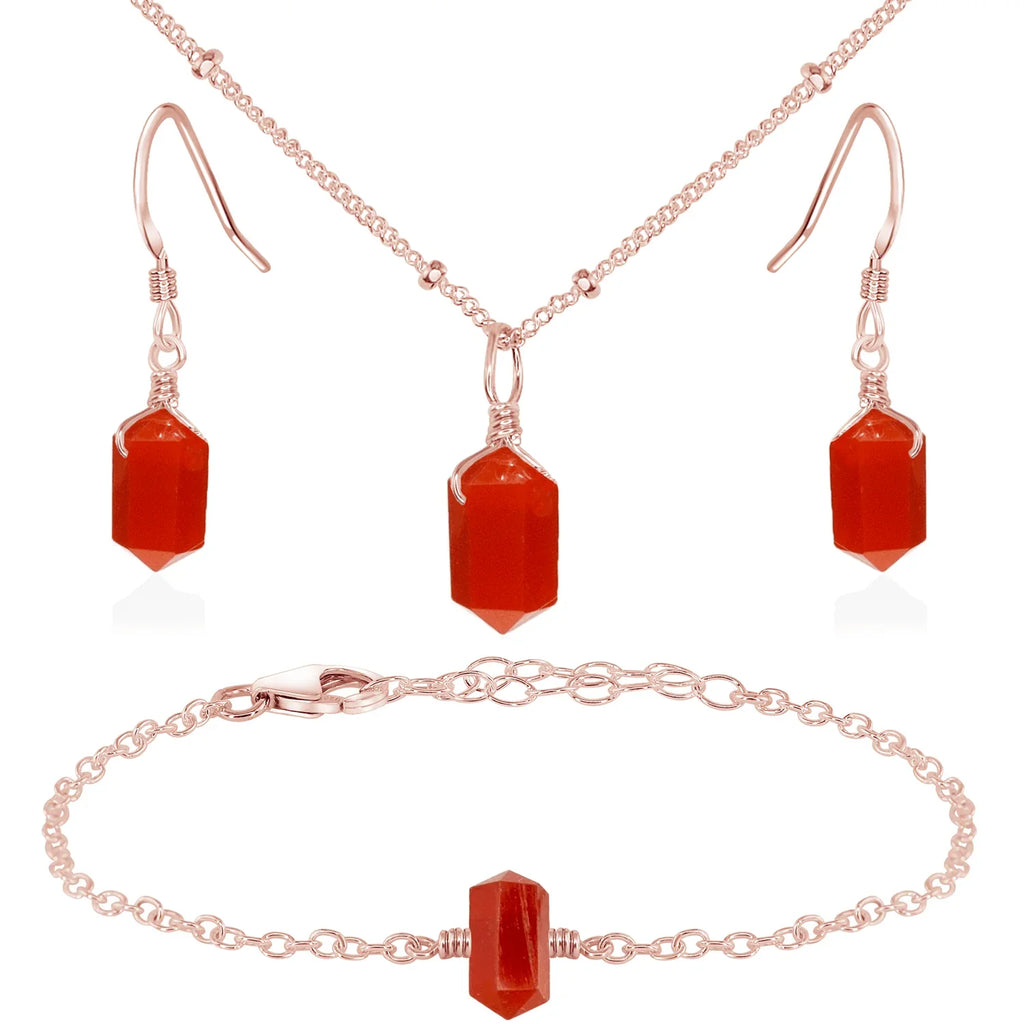Carnelian Double Terminated Crystal Jewellery Set - Carnelian Double Terminated Crystal Jewellery Set - 14k Rose Gold Fill / Necklace & Earrings & Bracelet / Satellite - Luna Tide Handmade Crystal Jewellery