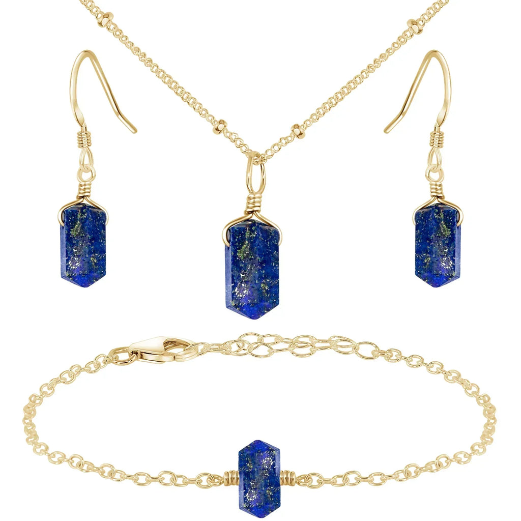 Lapis Lazuli Double Terminated Crystal Jewellery Set - Lapis Lazuli Double Terminated Crystal Jewellery Set - 14k Gold Fill / Necklace & Earrings & Bracelet / Satellite - Luna Tide Handmade Crystal Jewellery