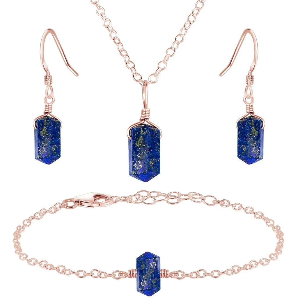 Lapis Lazuli Double Terminated Crystal Jewellery Set - Lapis Lazuli Double Terminated Crystal Jewellery Set - 14k Rose Gold Fill / Necklace & Earrings & Bracelet / Cable - Luna Tide Handmade Crystal Jewellery