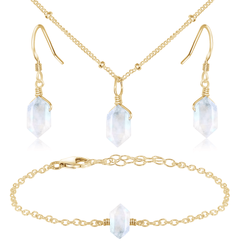 Rainbow Moonstone Double Terminated Crystal Jewellery Set - Rainbow Moonstone Double Terminated Crystal Jewellery Set - 14k Gold Fill / Necklace & Earrings & Bracelet / Satellite - Luna Tide Handmade Crystal Jewellery