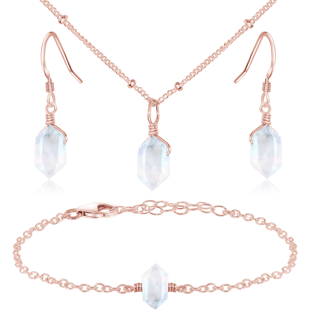 Rainbow Moonstone Double Terminated Crystal Jewellery Set - Rainbow Moonstone Double Terminated Crystal Jewellery Set - 14k Rose Gold Fill / Necklace & Earrings & Bracelet / Satellite - Luna Tide Handmade Crystal Jewellery