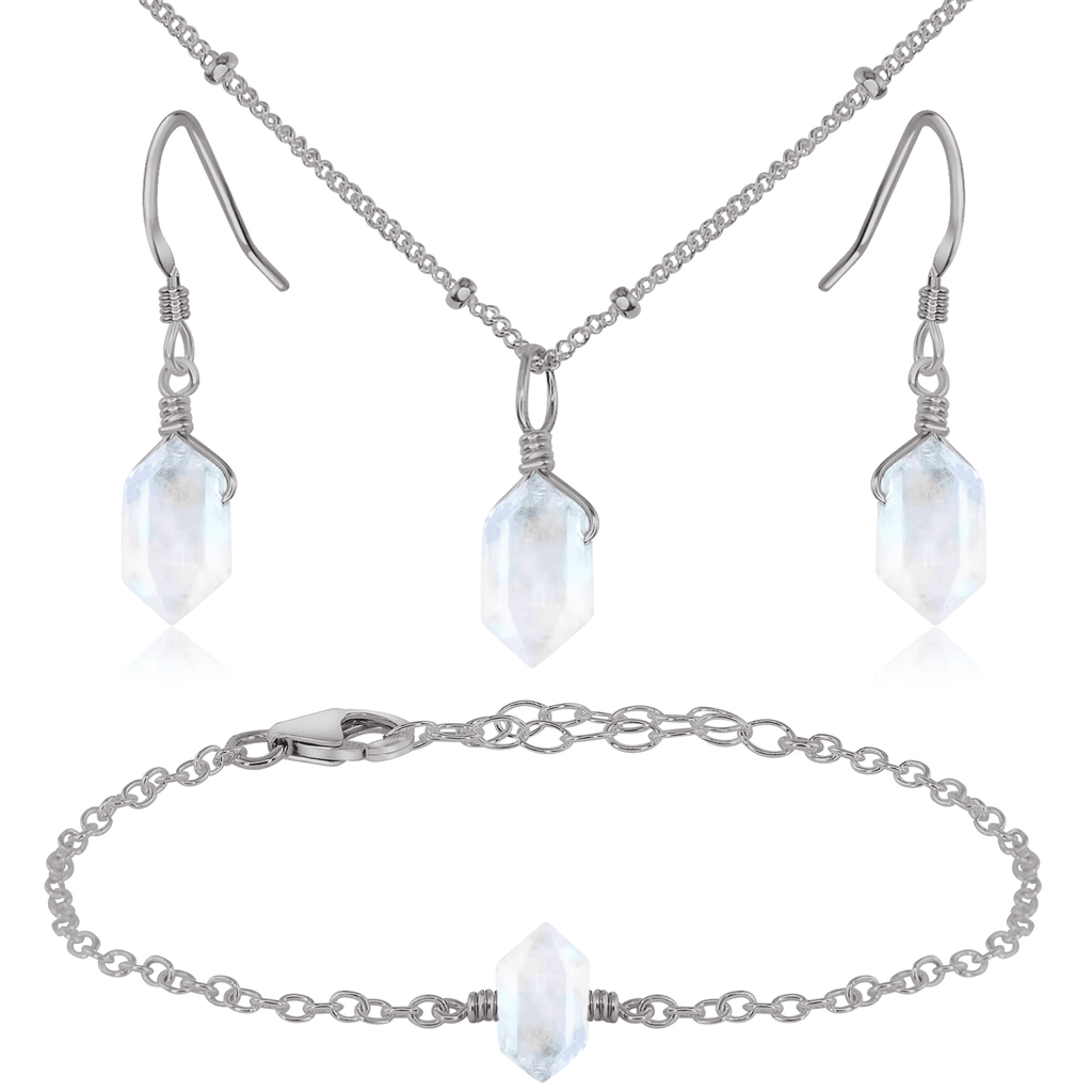 Rainbow Moonstone Double Terminated Crystal Jewellery Set - Rainbow Moonstone Double Terminated Crystal Jewellery Set - Stainless Steel / Necklace & Earrings & Bracelet / Satellite - Luna Tide Handmade Crystal Jewellery