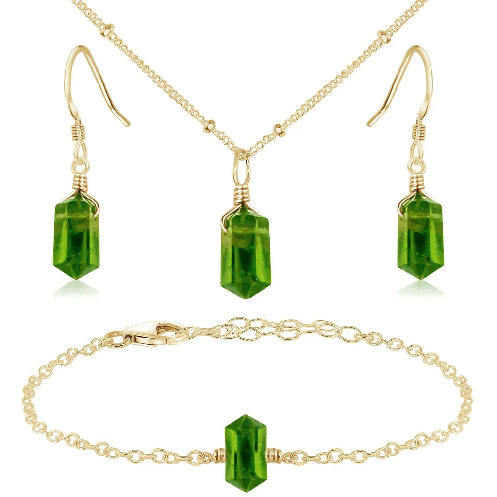 Peridot Double Terminated Crystal Jewellery Set - Peridot Double Terminated Crystal Jewellery Set - 14k Gold Fill / Necklace & Earrings & Bracelet / Satellite - Luna Tide Handmade Crystal Jewellery