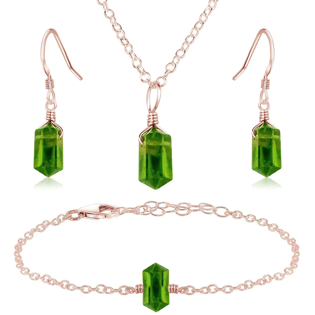 Peridot Double Terminated Crystal Jewellery Set - Peridot Double Terminated Crystal Jewellery Set - 14k Rose Gold Fill / Necklace & Earrings & Bracelet / Cable - Luna Tide Handmade Crystal Jewellery