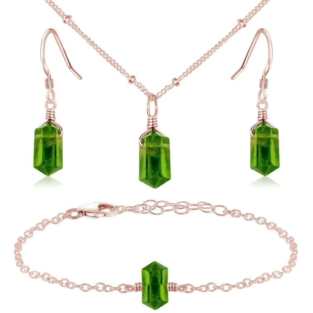 Peridot Double Terminated Crystal Jewellery Set - Peridot Double Terminated Crystal Jewellery Set - 14k Rose Gold Fill / Necklace & Earrings & Bracelet / Satellite - Luna Tide Handmade Crystal Jewellery
