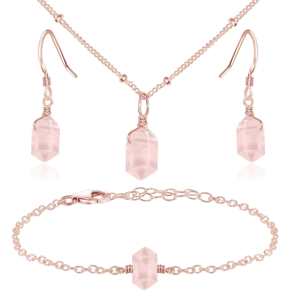 Rose Quartz Double Terminated Crystal Jewellery Set - Rose Quartz Double Terminated Crystal Jewellery Set - 14k Rose Gold Fill / Necklace & Earrings & Bracelet / Satellite - Luna Tide Handmade Crystal Jewellery