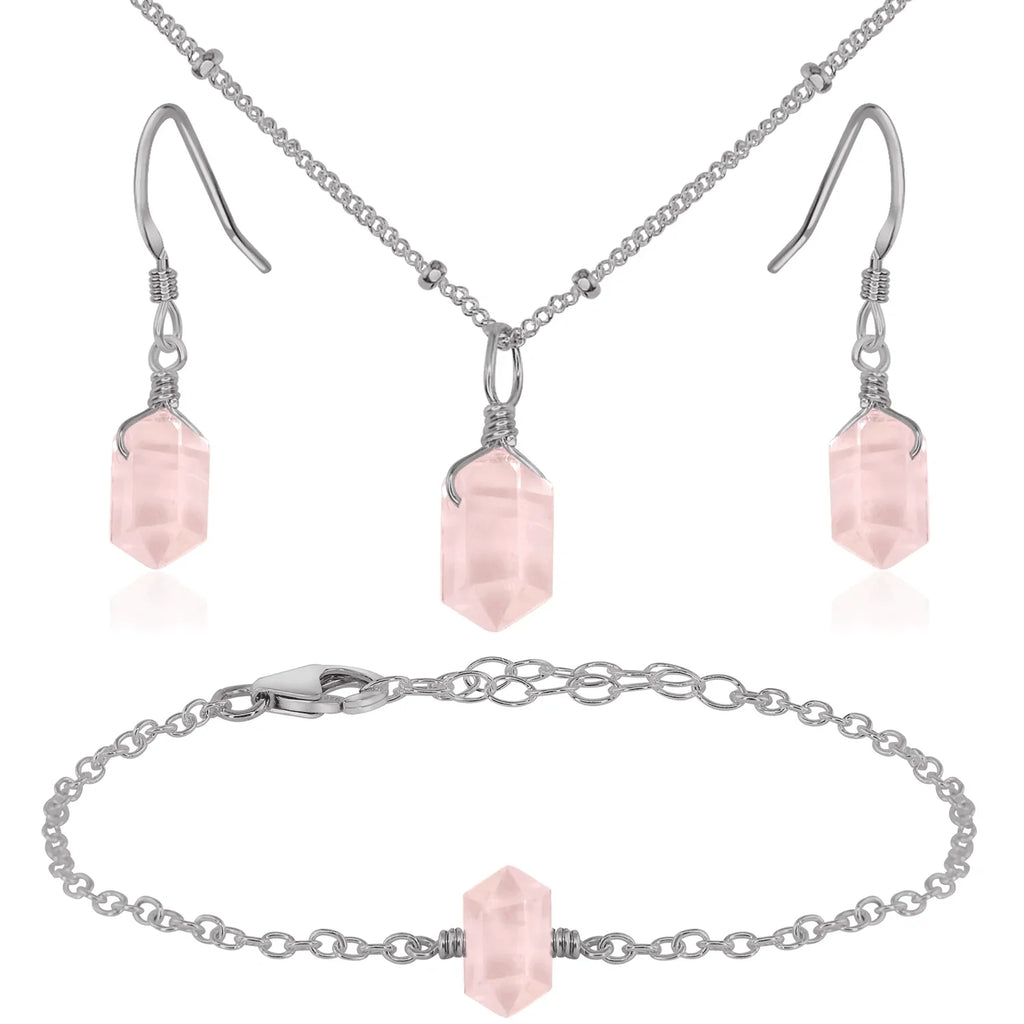 Rose Quartz Double Terminated Crystal Jewellery Set - Rose Quartz Double Terminated Crystal Jewellery Set - Stainless Steel / Necklace & Earrings & Bracelet / Satellite - Luna Tide Handmade Crystal Jewellery