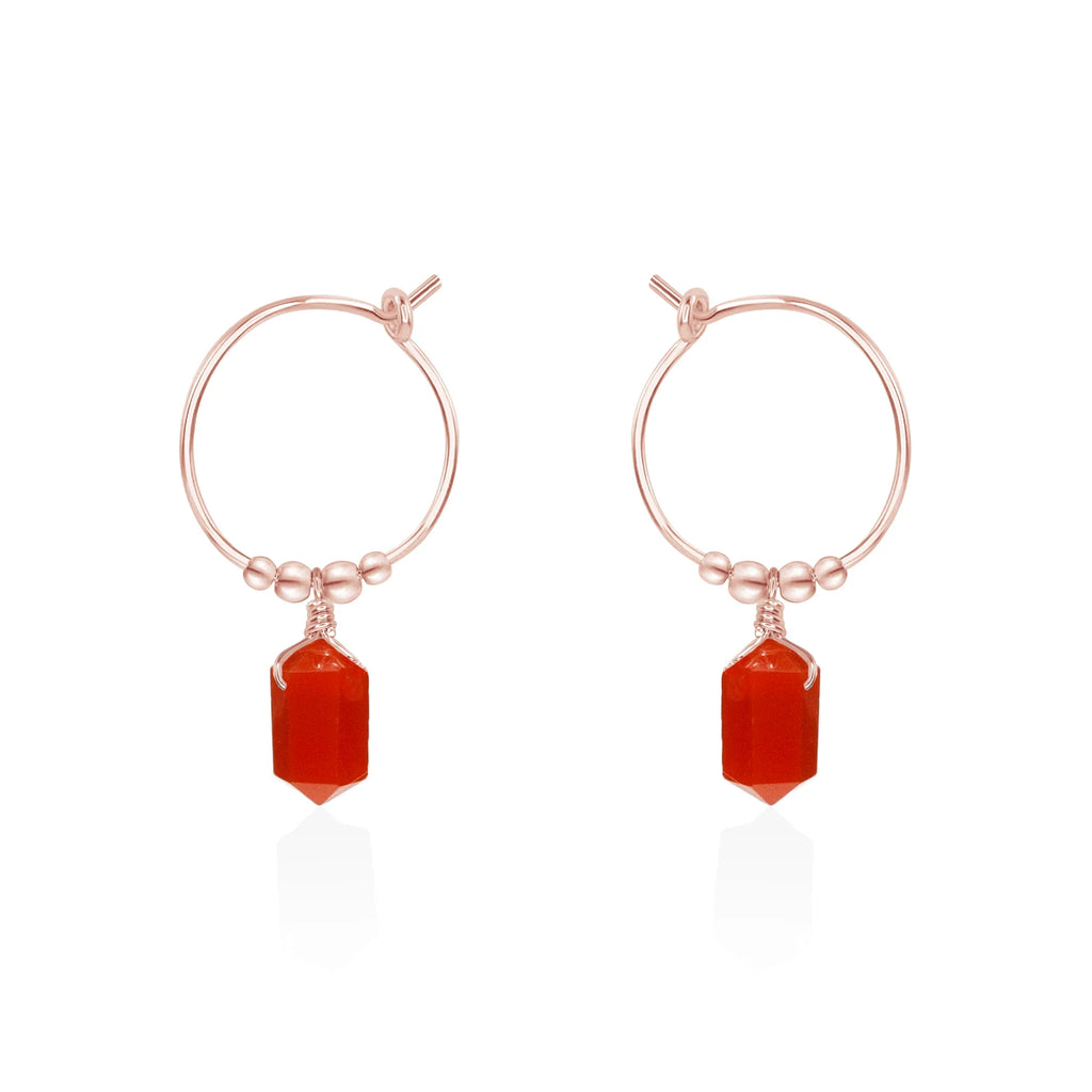 Double Terminated Carnelian Mini Crystal Point Dangle Hoop Earrings - Double Terminated Carnelian Mini Crystal Point Dangle Hoop Earrings - 14k Rose Gold Fill - Luna Tide Handmade Crystal Jewellery