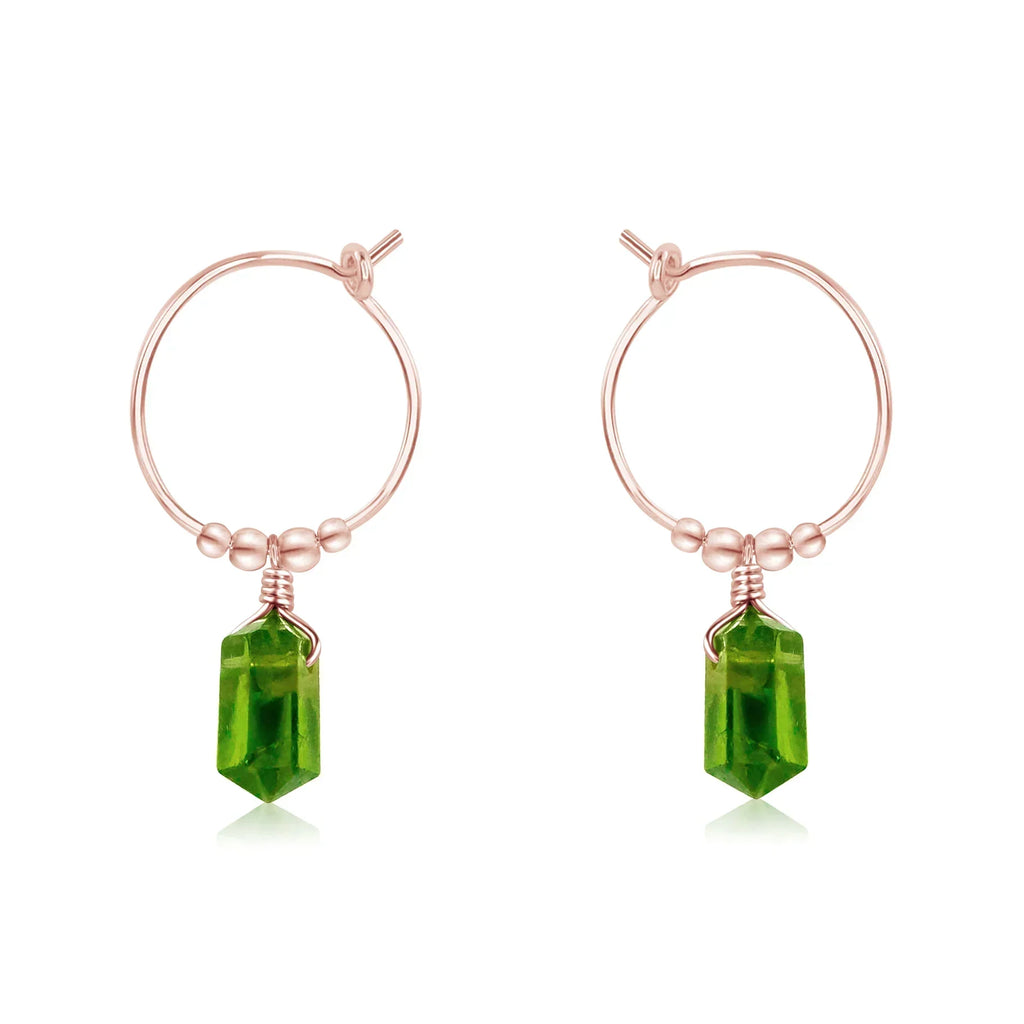 Double Terminated Peridot Mini Crystal Point Dangle Hoop Earrings - Double Terminated Peridot Mini Crystal Point Dangle Hoop Earrings - 14k Rose Gold Fill - Luna Tide Handmade Crystal Jewellery