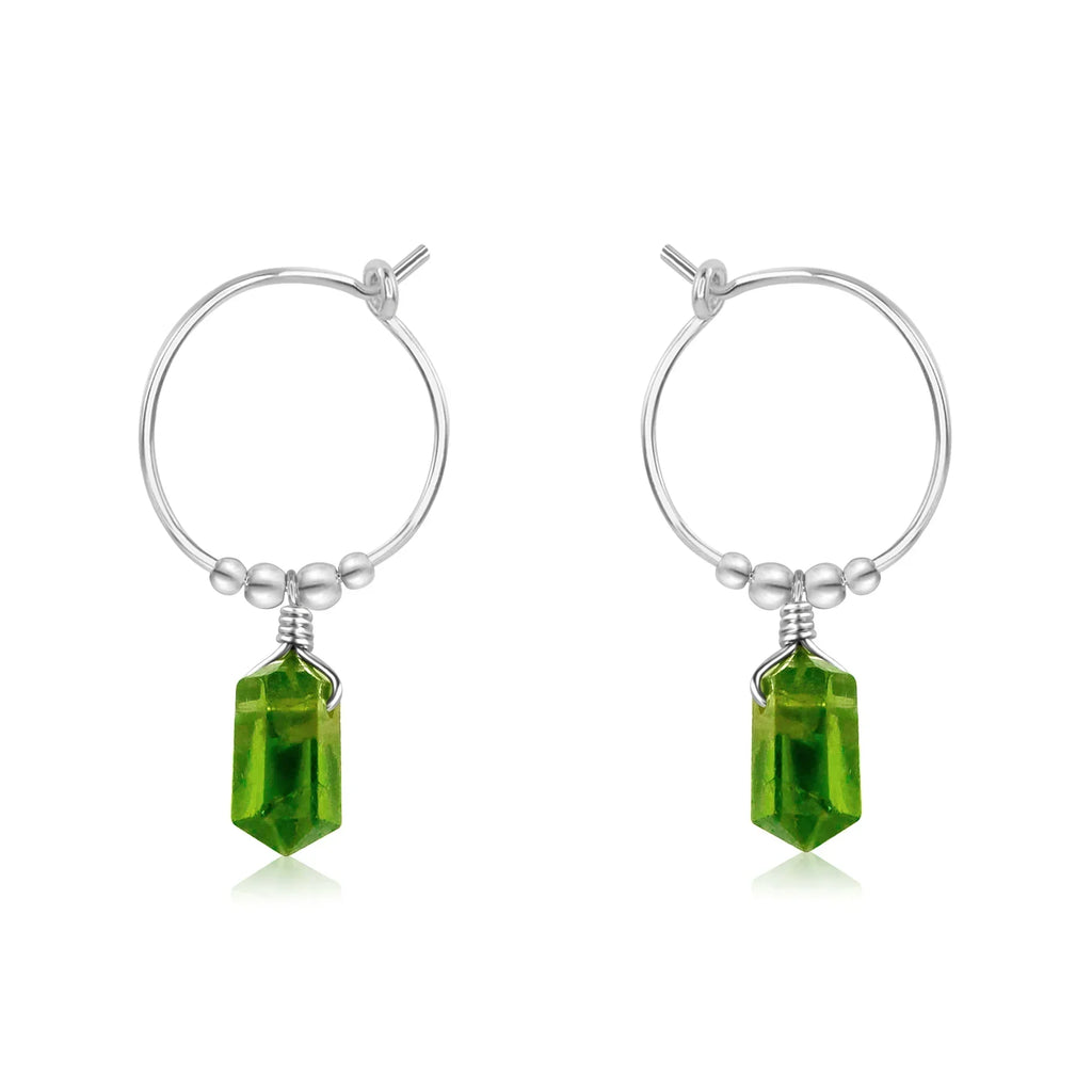 Double Terminated Peridot Mini Crystal Point Dangle Hoop Earrings - Double Terminated Peridot Mini Crystal Point Dangle Hoop Earrings - Sterling Silver - Luna Tide Handmade Crystal Jewellery