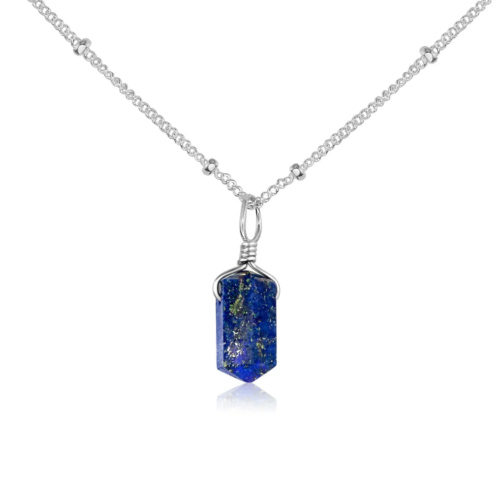 Lapis Lazuli Mini Double Terminated Crystal Point Pendant Necklace - Lapis Lazuli Mini Double Terminated Crystal Point Pendant Necklace - Sterling Silver / Satellite - Luna Tide Handmade Crystal Jewellery