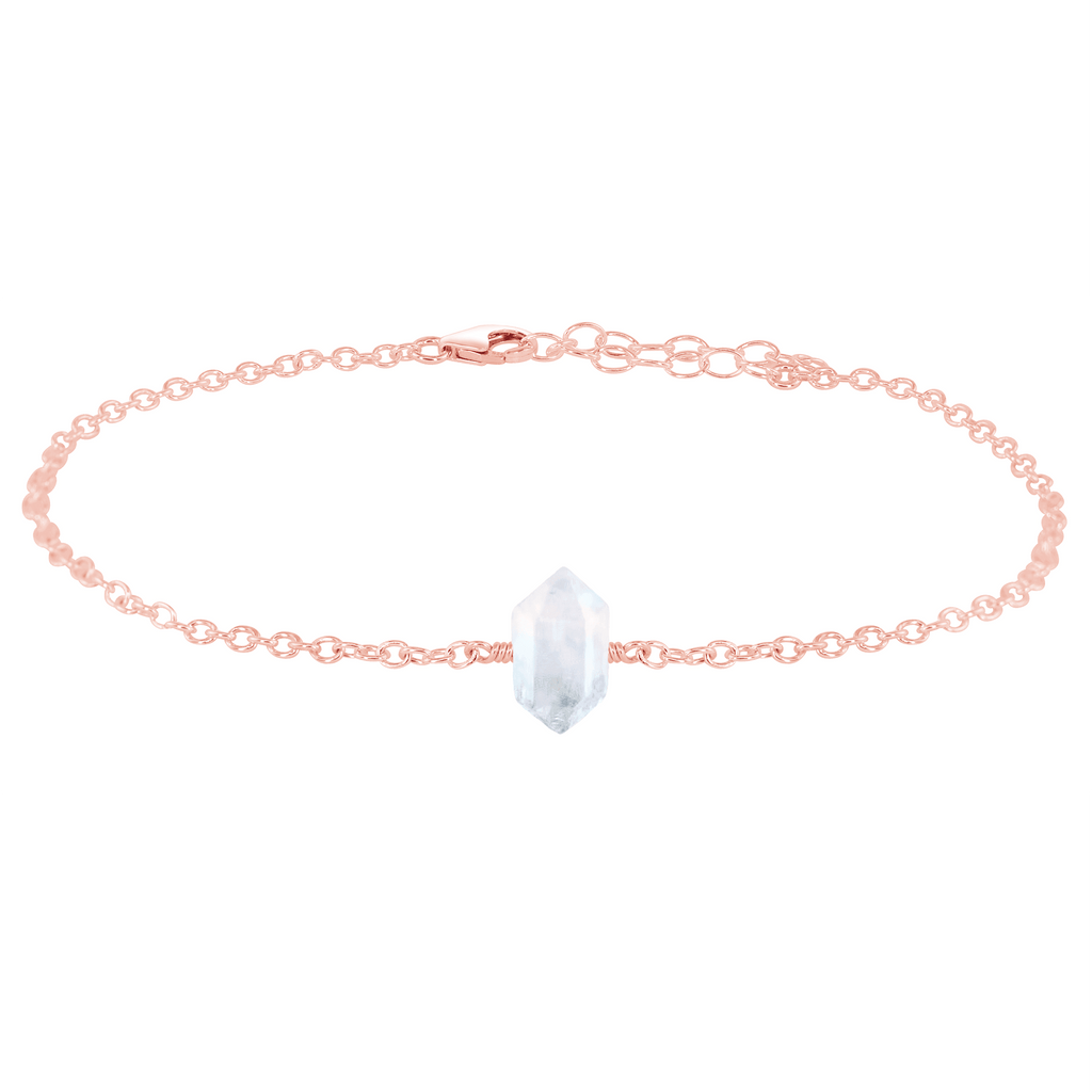 Rainbow Moonstone Double Terminated Crystal Point Anklet - Rainbow Moonstone Double Terminated Crystal Point Anklet - 14k Rose Gold Fill - Luna Tide Handmade Crystal Jewellery