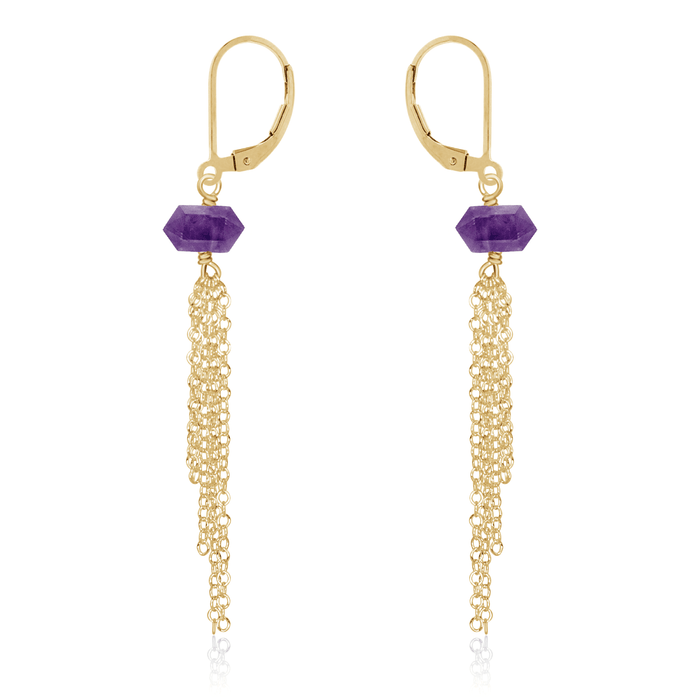 Amethyst Double Terminated Crystal Point Tassel Earrings - Amethyst Double Terminated Crystal Point Tassel Earrings - 14k Gold Fill - Luna Tide Handmade Crystal Jewellery