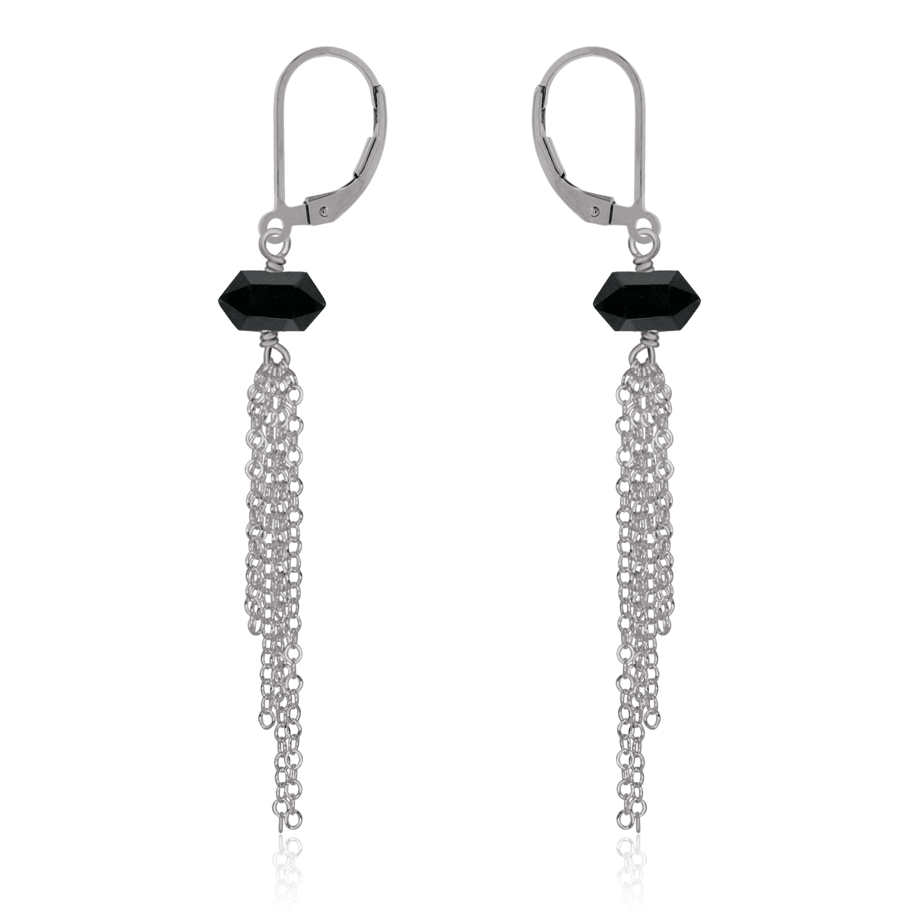 Black Tourmaline Double Terminated Crystal Point Tassel Earrings - Black Tourmaline Double Terminated Crystal Point Tassel Earrings - Stainless Steel - Luna Tide Handmade Crystal Jewellery