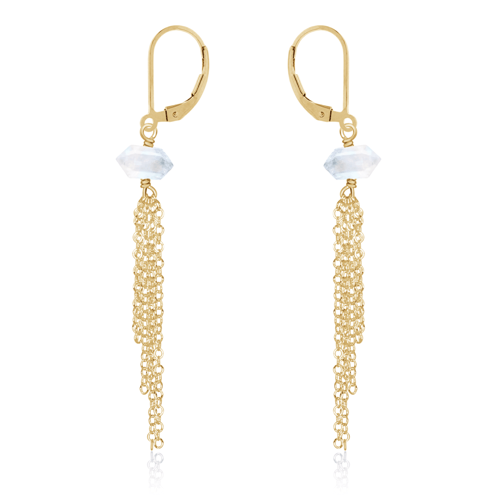 Rainbow Moonstone Double Terminated Crystal Point Tassel Earrings - Rainbow Moonstone Double Terminated Crystal Point Tassel Earrings - 14k Gold Fill - Luna Tide Handmade Crystal Jewellery
