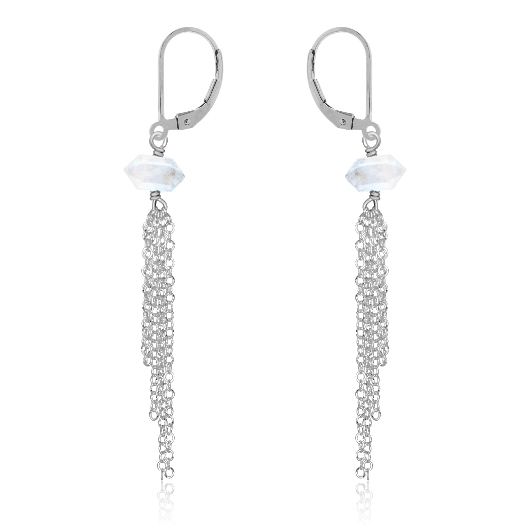 Rainbow Moonstone Double Terminated Crystal Point Tassel Earrings - Rainbow Moonstone Double Terminated Crystal Point Tassel Earrings - Sterling Silver - Luna Tide Handmade Crystal Jewellery