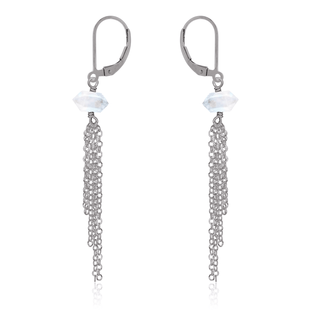 Rainbow Moonstone Double Terminated Crystal Point Tassel Earrings - Rainbow Moonstone Double Terminated Crystal Point Tassel Earrings - Stainless Steel - Luna Tide Handmade Crystal Jewellery
