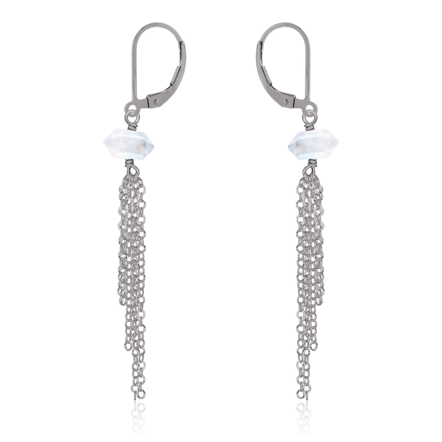 Rainbow Moonstone Double Terminated Crystal Point Tassel Earrings - Rainbow Moonstone Double Terminated Crystal Point Tassel Earrings - Stainless Steel - Luna Tide Handmade Crystal Jewellery