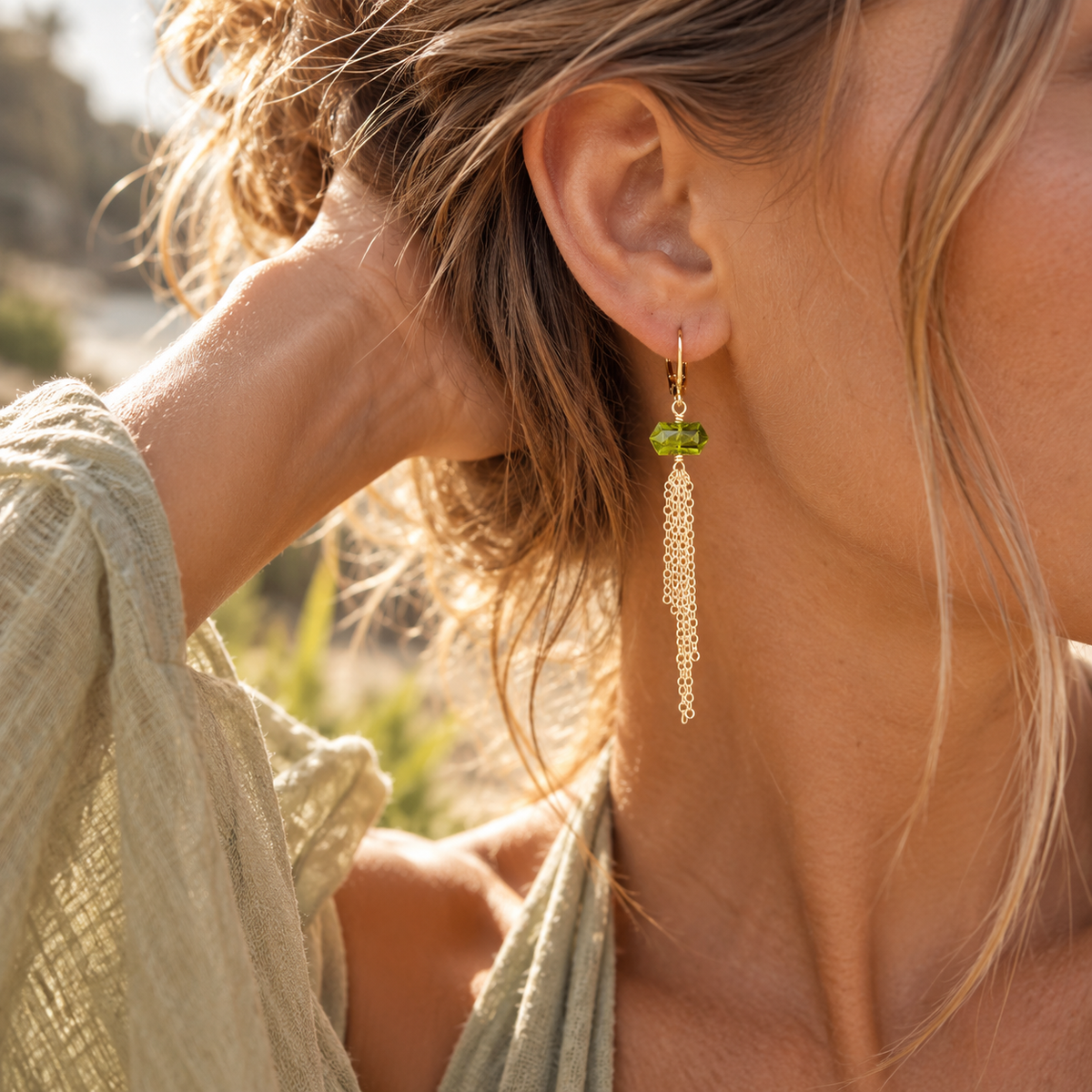 Peridot Double Terminated Crystal Point Tassel Earrings