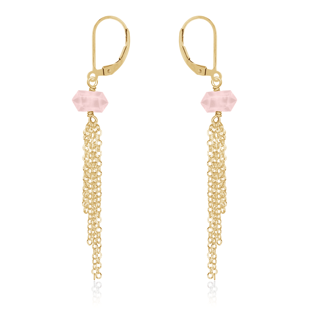 Rose Quartz Double Terminated Crystal Point Tassel Earrings - Rose Quartz Double Terminated Crystal Point Tassel Earrings - 14k Gold Fill - Luna Tide Handmade Crystal Jewellery