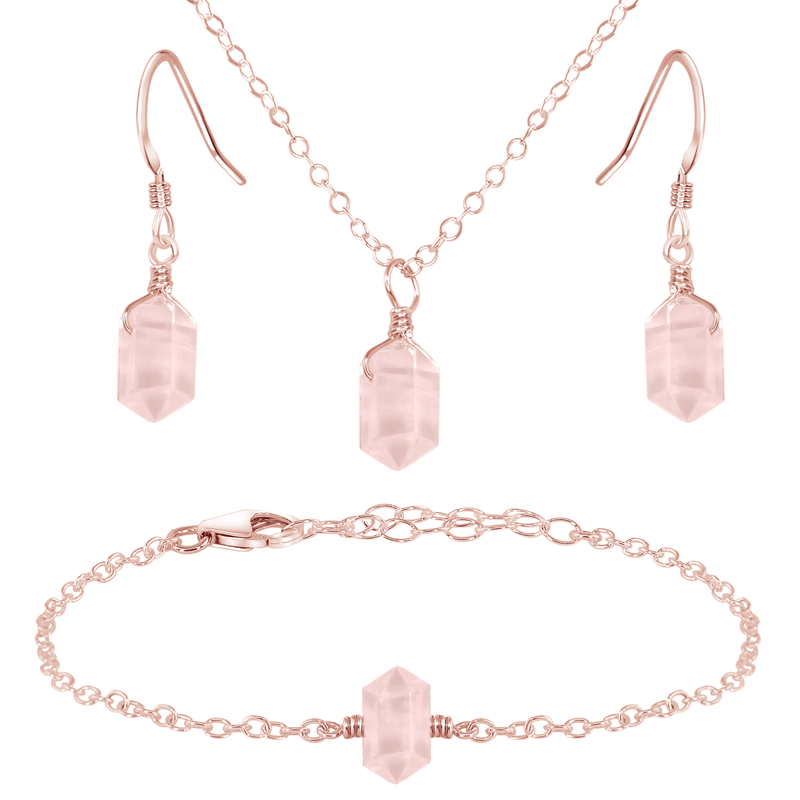 Rose Quartz Double Terminated Crystal Earrings, Necklace & Bracelet Set