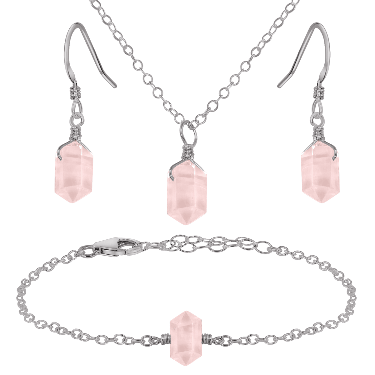 Rose Quartz Double Terminated Crystal Earrings, Necklace & Bracelet Set