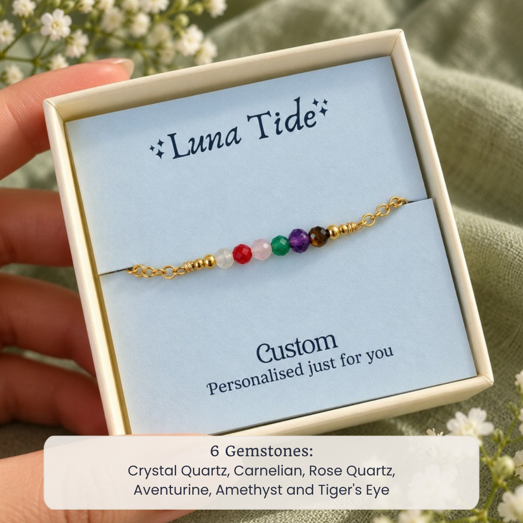 Custom faceted bead bar anklet with Crystal Quartz, Carnelian, Rose Quartz, Aventurine, Amethyst and Tiger's Eye in a Luna Tide gift box